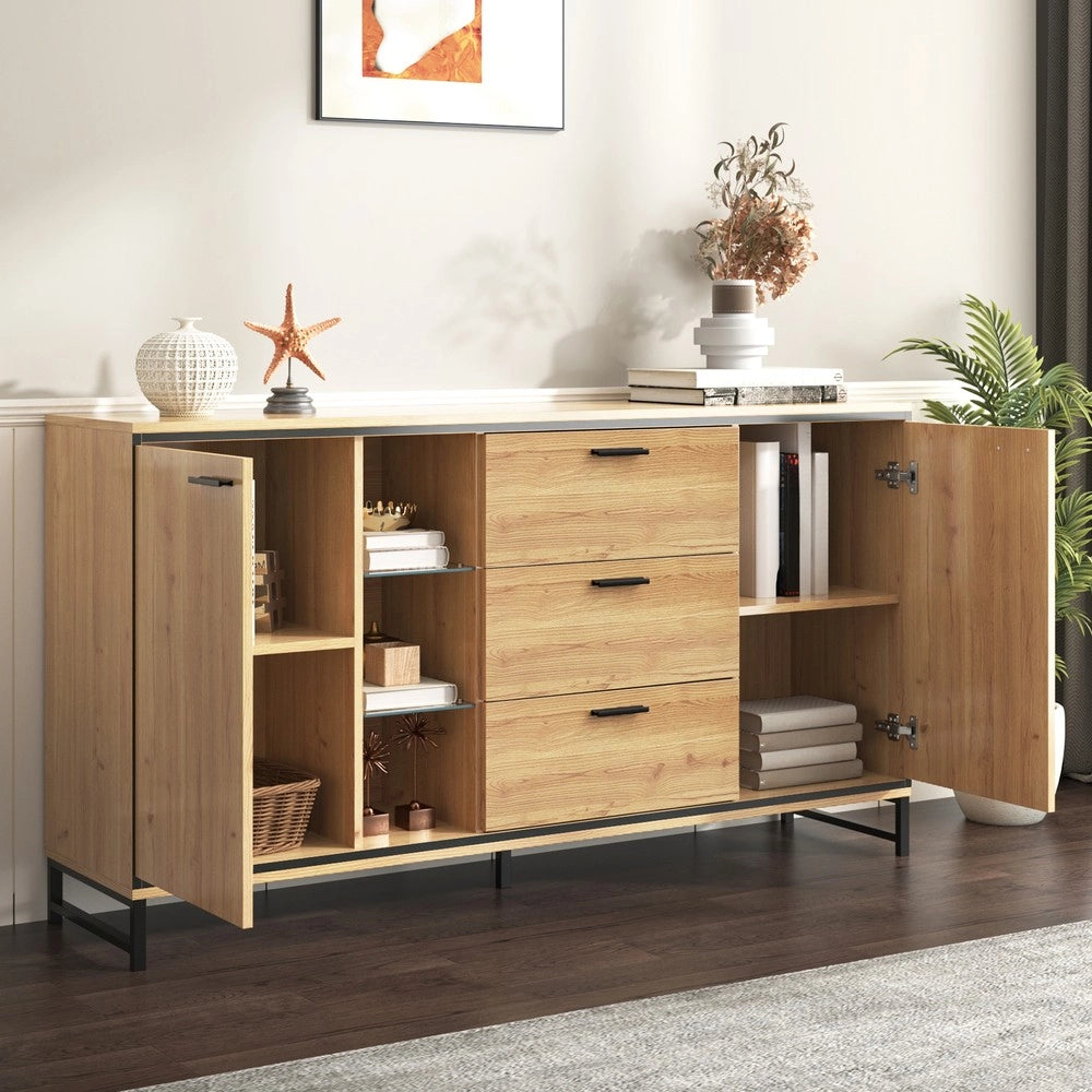 Credenza 3 Cassetti con Ripiani ¨C MINIMAL ¨C Nero e Legno, Design Moderno