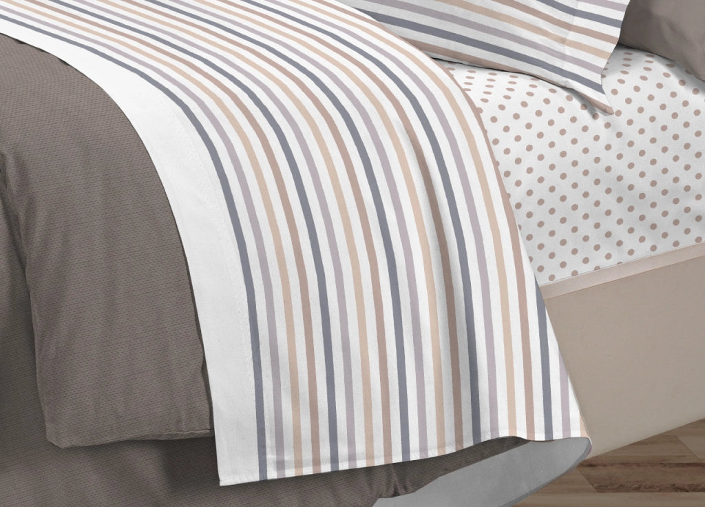 Completo Lenzuola Letto 100% Cotone Italy 3027 Disegno Riga Dots - Piazza E Mezza - Beige