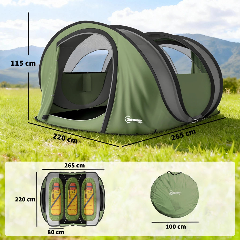 Tenda da Campeggio Pop-Up 4-5 Persone ¨C Minimal ¨C Verde, Impermeabile, 2 Porte, 2 Finestre