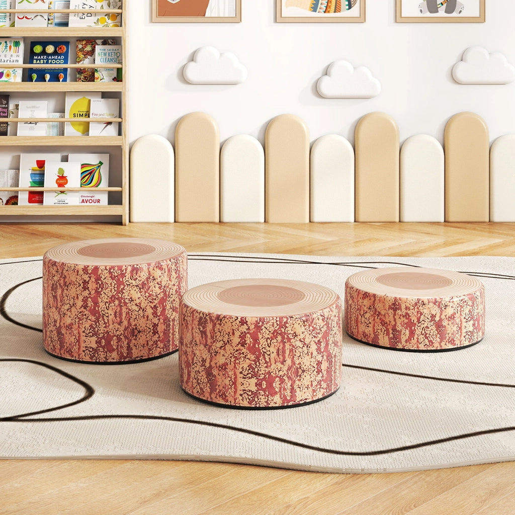Set 3 sgabelli ceppo albero cuscini pavimento stampa legno altezze diverse-Sgabelli rotondi bambini aula casa asilo  tinta legno scura