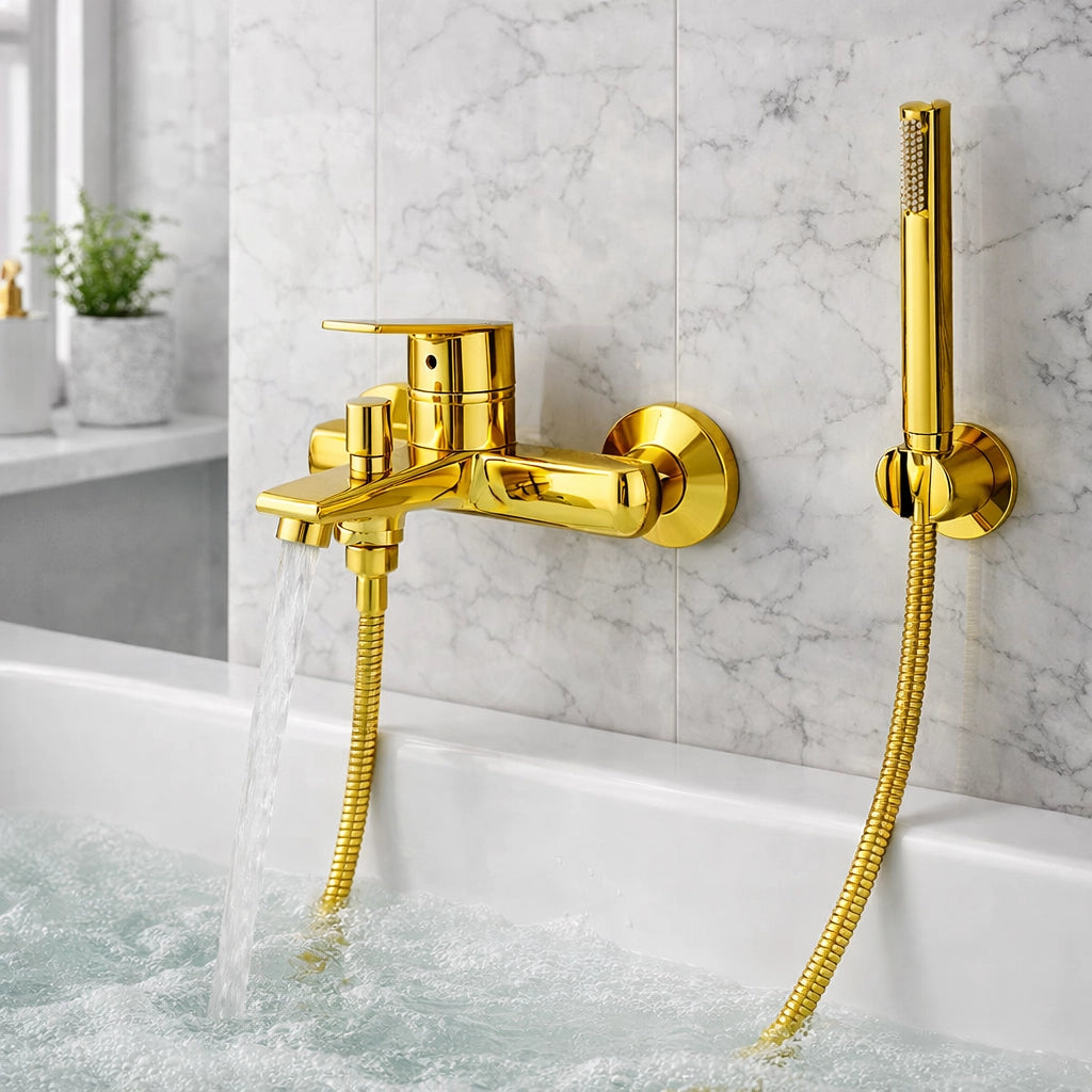 Rubinetto Miscelatore Vasca Bagno Oro Lucido da Parete + Deviatore Doccia 94014