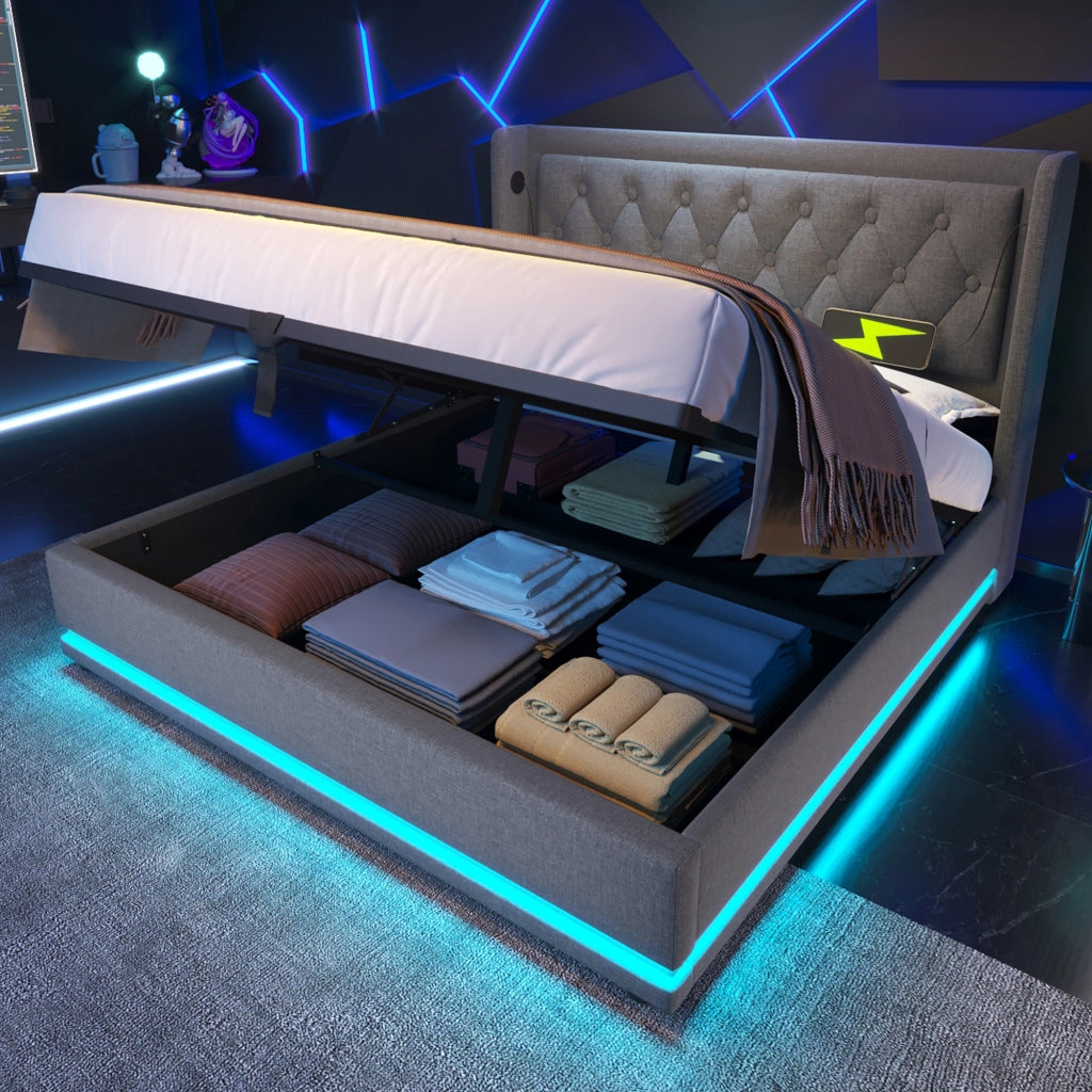 LETTO imbottito 140x200 cm in cotone grigio, con USB Type-C e LED, senza materasso