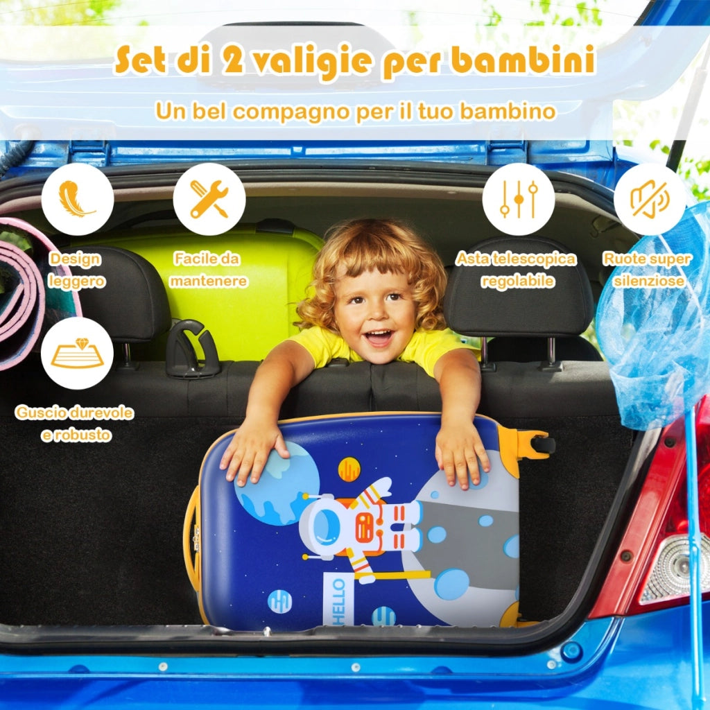 Set valigia rigida 27cm e zaino 24cm con manico retrattile, Set valigia con ruote da viaggio per bambini Blu-Bagagli e borse