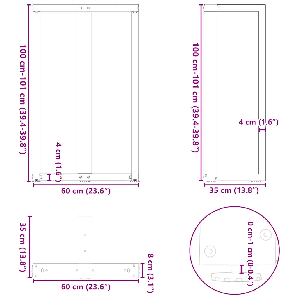 Gambe per tavolo da bar a forma di T 2 pz | Piede del tavolo nere 60x35x(100-101) cm in acciaio