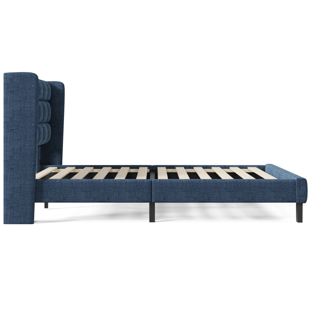LETTO imbottito 140x200 cm in lino blu con rete a doghe