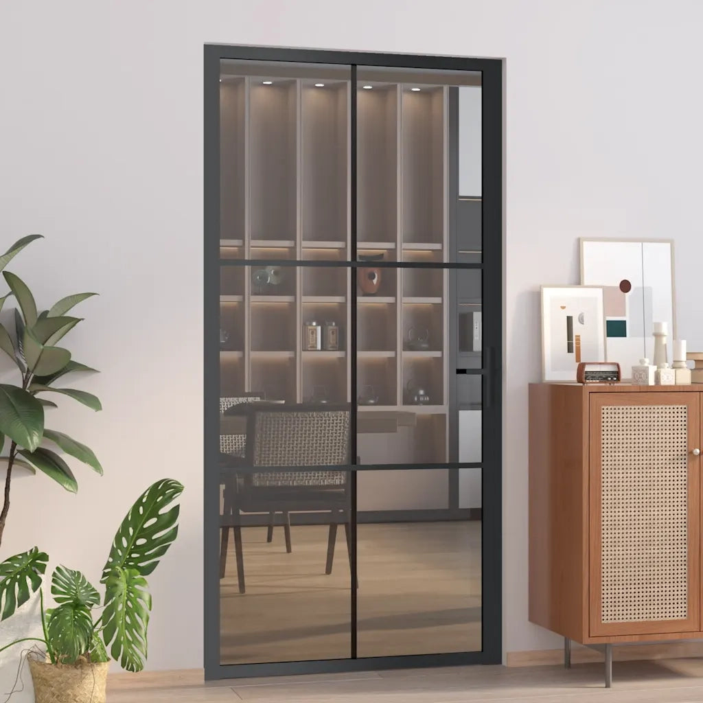 Porta Interna 102,5x201,5 cm Nera in Vetro ESG e Alluminio 350567