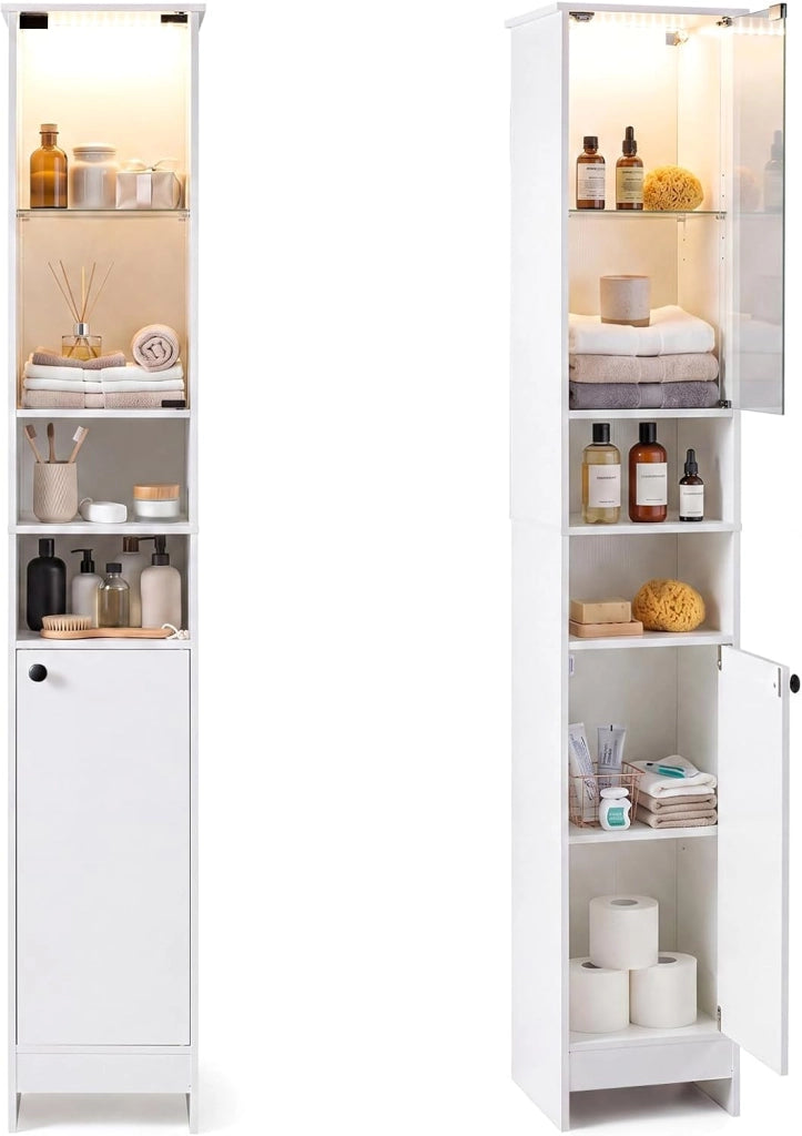 Mobile Alto da Bagno, Mobiletto a Colonna Stretto con Luci LED e Telecomando, Ante in Vetro e Mensole Regolabili, Armadio Salvaspazio a Terra per Soggiorno, 30 x 30 x 170 cm (Bianco)