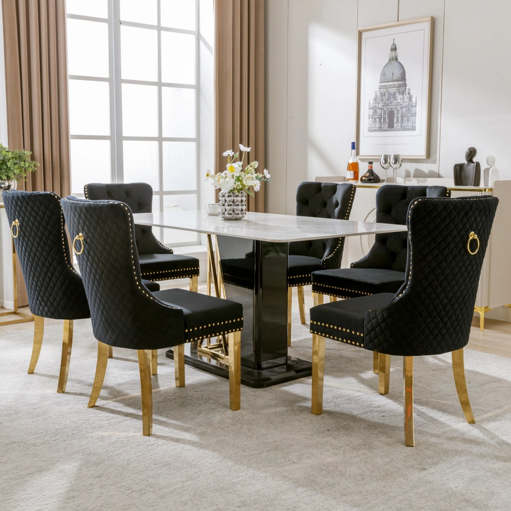 OKWISH Set di 6 Sedie da Pranzo con Anello Rotondo sullo Schienale, Borchie Decorative e Piedini Regolabili, Velluto Nero
