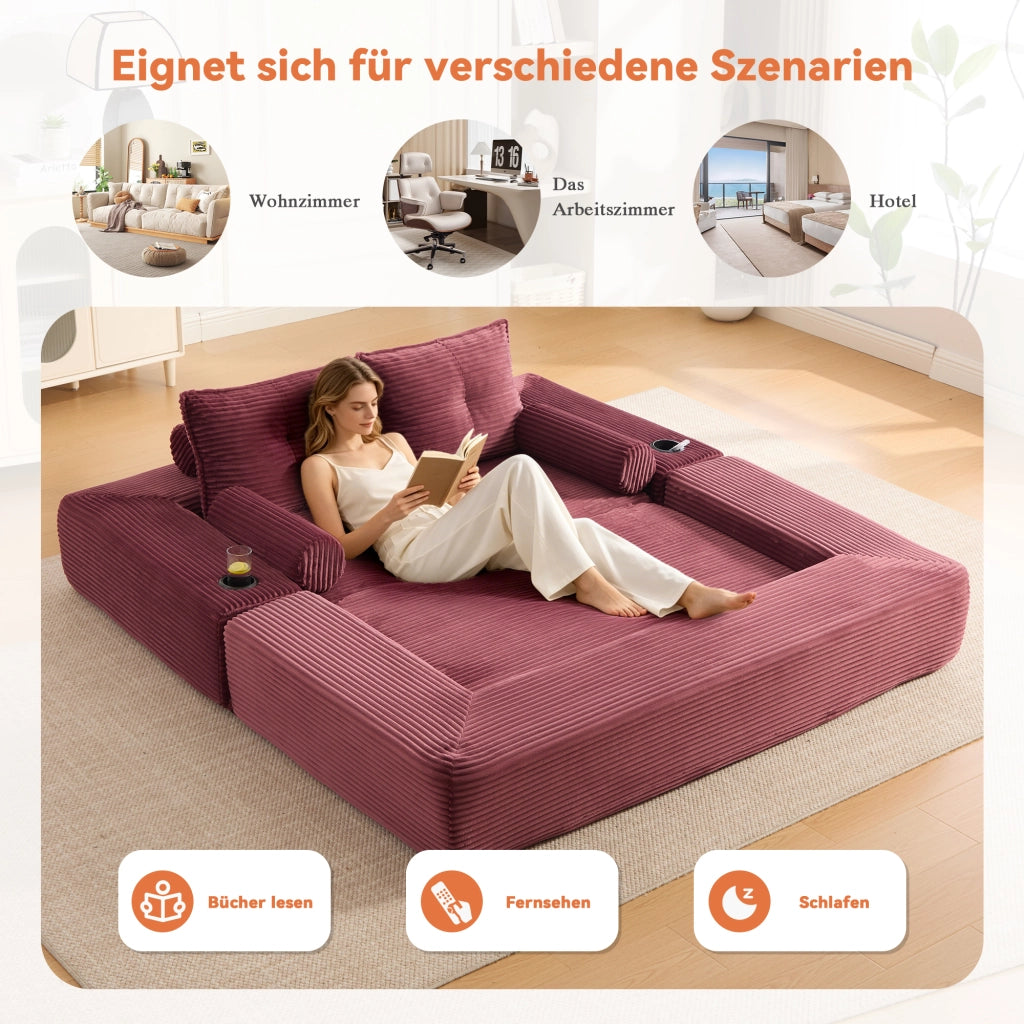 Divano Letto 2 Posti ¨C MINIMAL ¨C Tessuto a Coste, Cuscini Memory, con Tasche e Portabicchieri