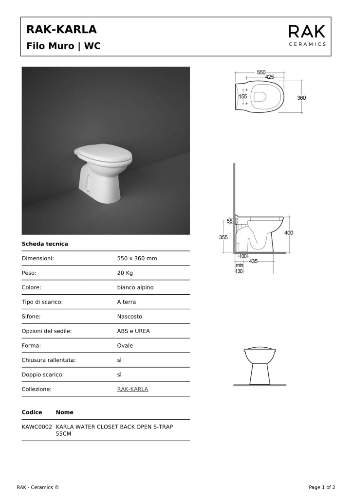 RAK Karla wc scarico a pavimento 36x55 bianco