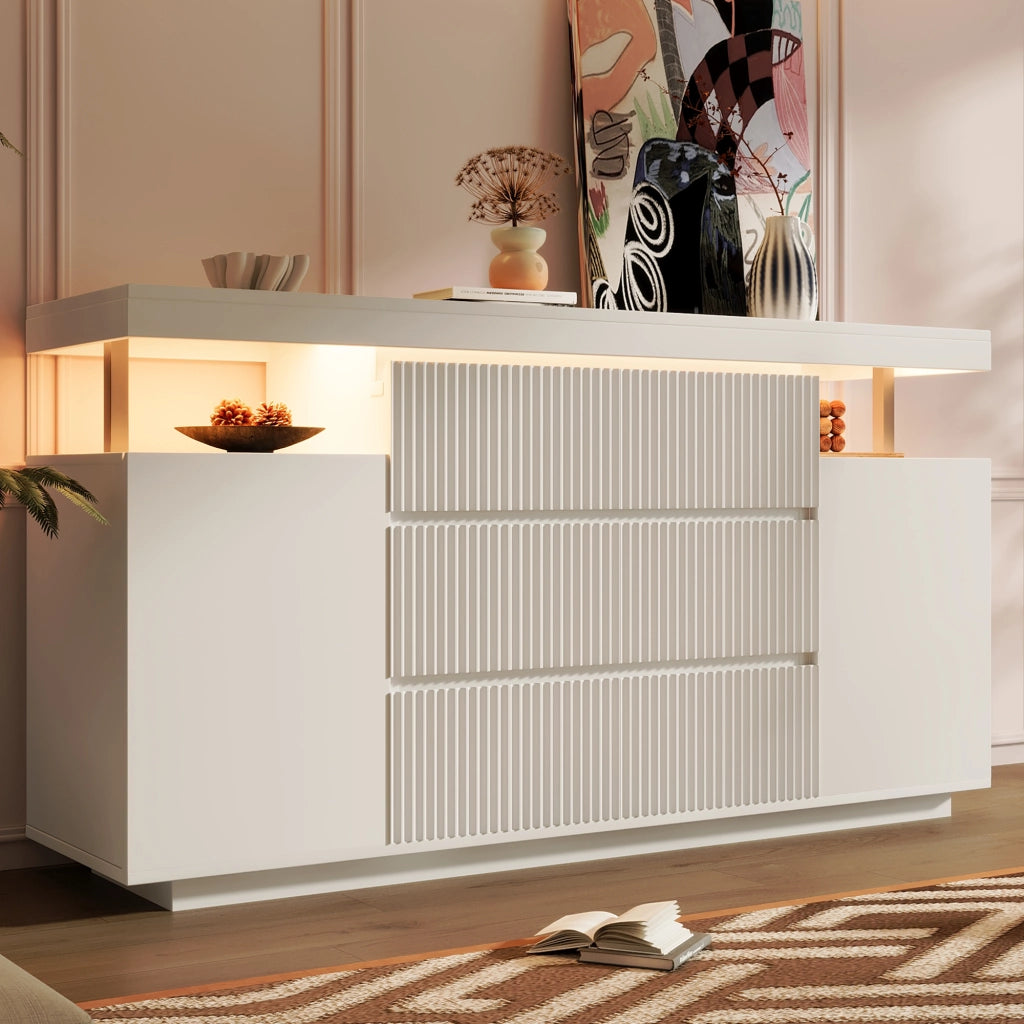 CREDENZA LED 150x40x78 cm Bianca in MDF e Metallo, 6 Cassetti e 2 Ante