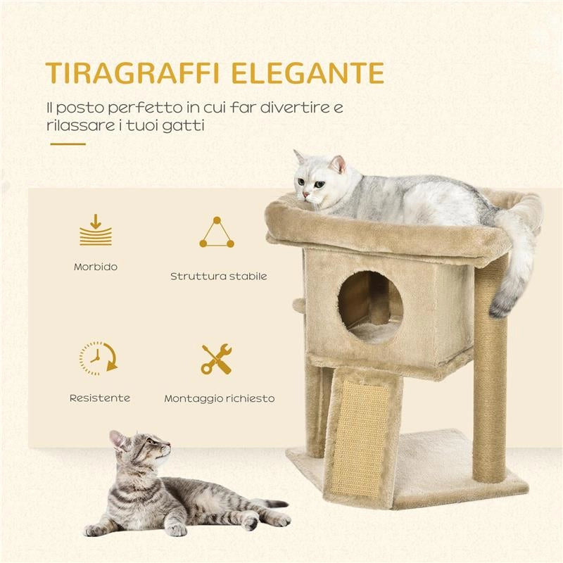 ALBERO PER GATTI IN PELUCHE CON CASETTA PER GATTI E LETTINO, TIRAGRAFFI IN JUTA E PALLINA, MARRONE