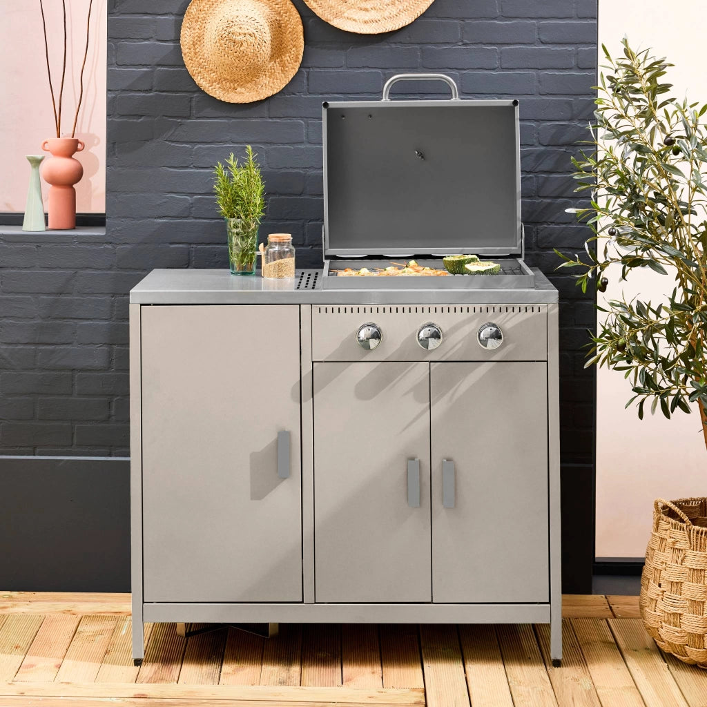 Modulo cucina da esterno in metallo con barbecue a gas a 3 bruciatori,