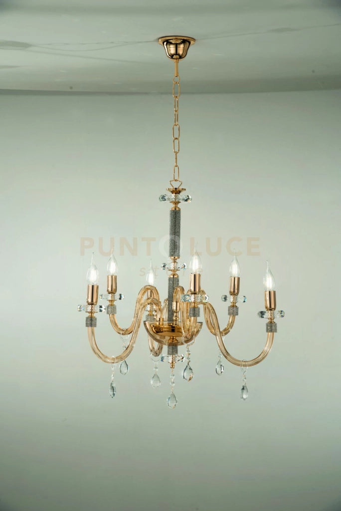 LAMPADARIO DIDO 6 LUCI AMBRA E ORO ATTACCO E14 D.65CM