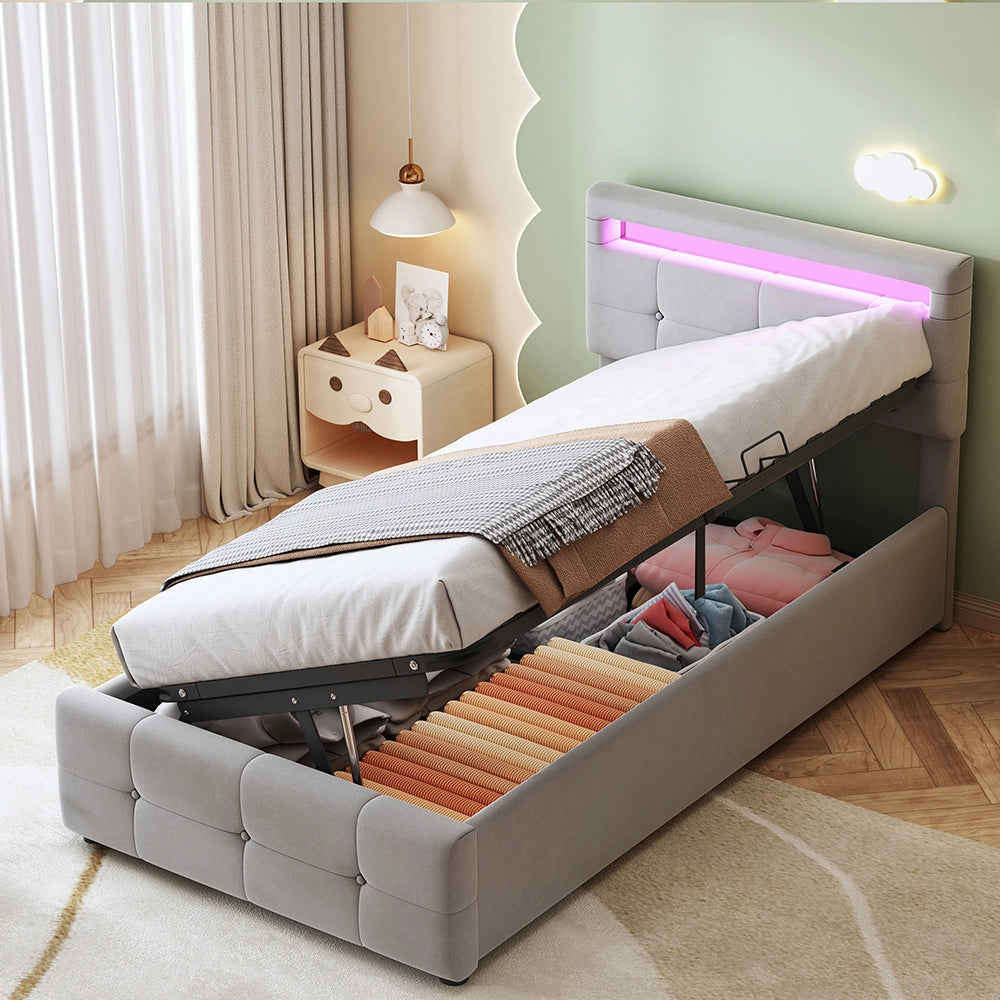 Letto a cassone imbottito per bambini - Xylo - 90x200 cm - Grigio - Illuminazione LED, testiera regolabile