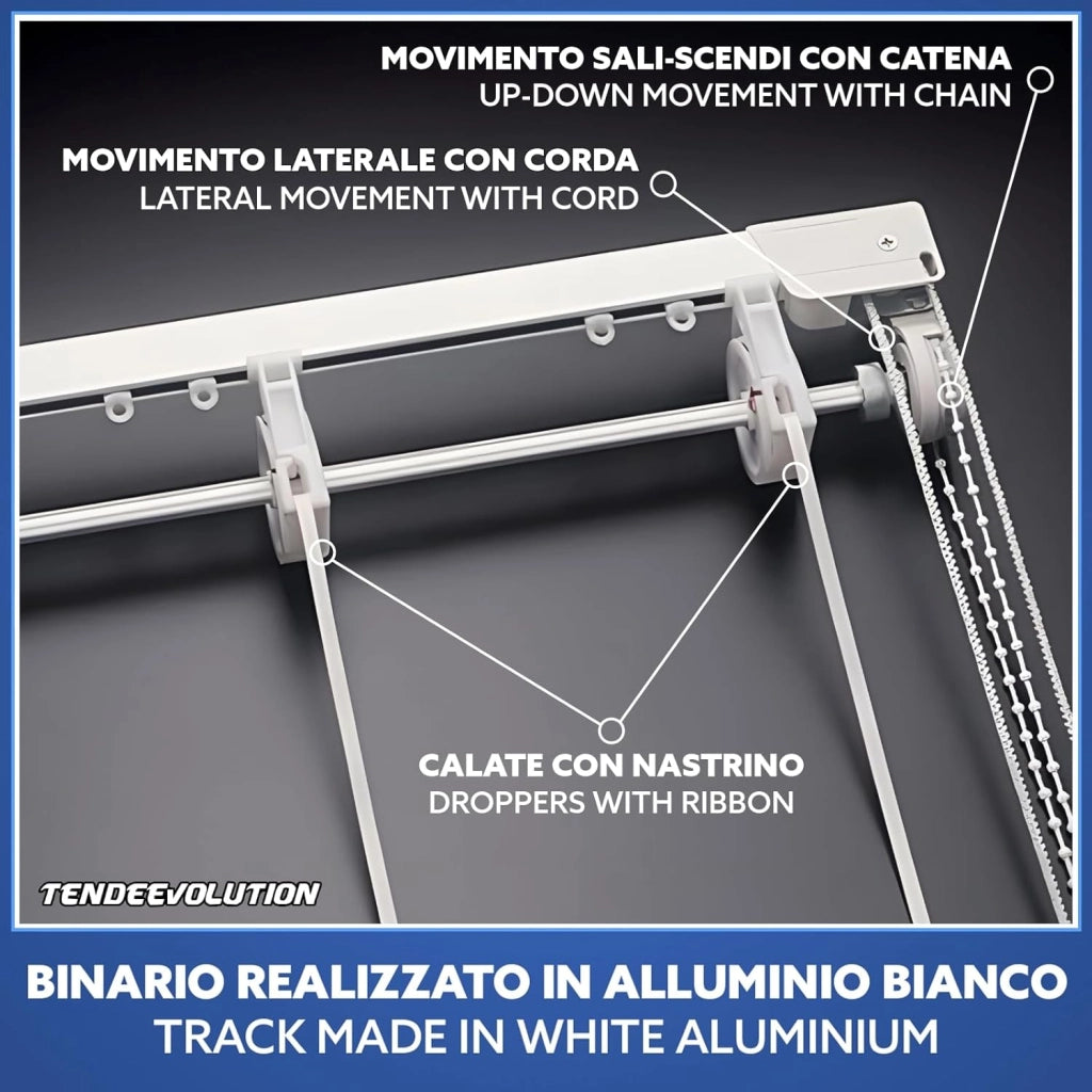 Bastone Tenda a Pacchetto Con Doppio Movimento, Binario Con Apertura Centrale a 10 Calate Lunghezza 240 CM Comando a sinistra