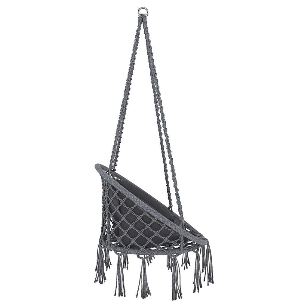 Poltrona Sospesa Pensile Da Giardino Con Corda In Cotone Effetto Macramè E Struttura In Acciaio Cuscino Sedia Dondolo Amaca Con Seduta Imbottita Esterno Terrazzo Design Moderno Fino A 160 Kg Grigio