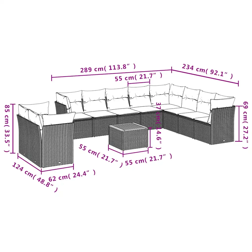 Set Divani da Giardino 11 pz con Cuscini in Polyrattan Grigio 3256054