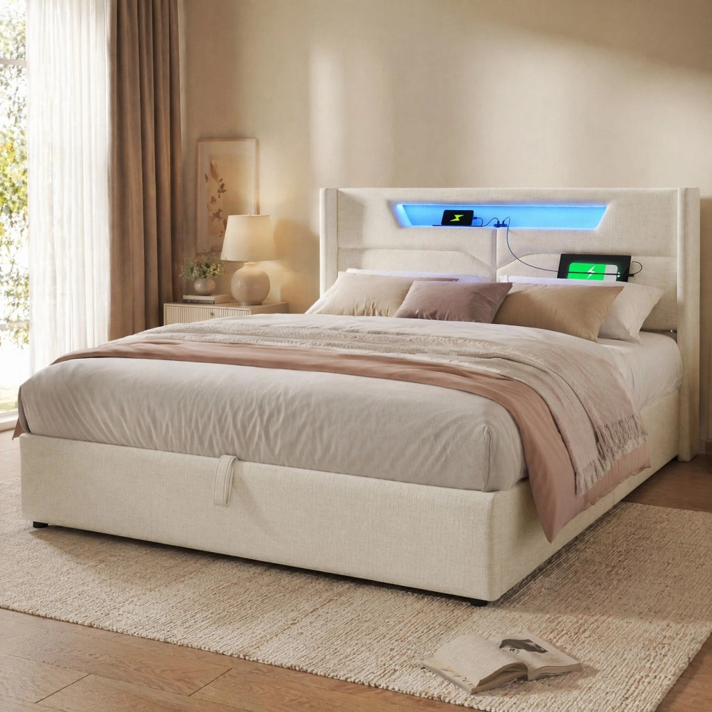 LETTO Matrimoniale LED 160x200 cm in lino beige USB Type C