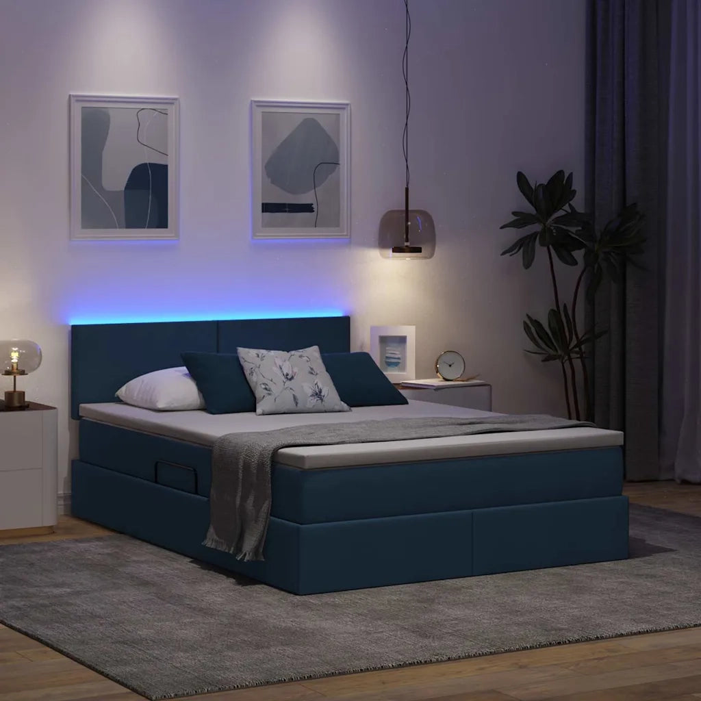 Letto con contenitore e LED con led Blu 140 x 200 cm Tessuto
