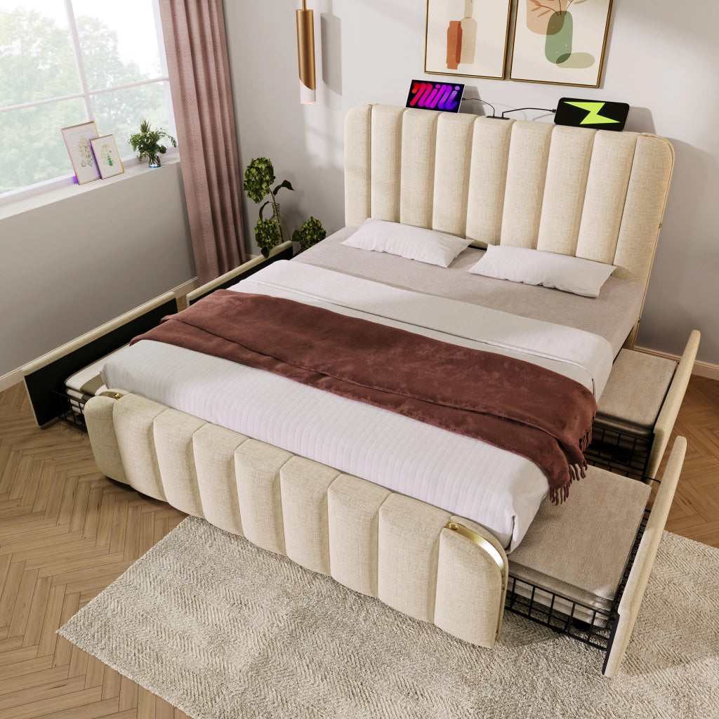 LETTO matrimoniale 140x200 cm in lino beige con USB Type-C e 4 cassetti