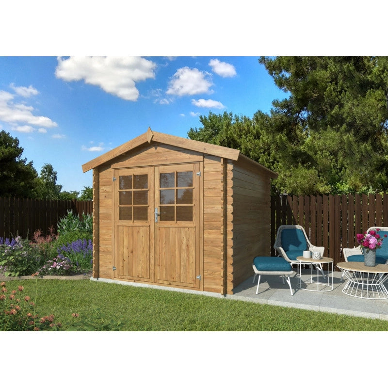 Casetta da giardino in legno impregnato 250x250 cm con pareti 28 mm e porta doppia con vetro, casetta esterna 5 m² - Esterni da Vivere