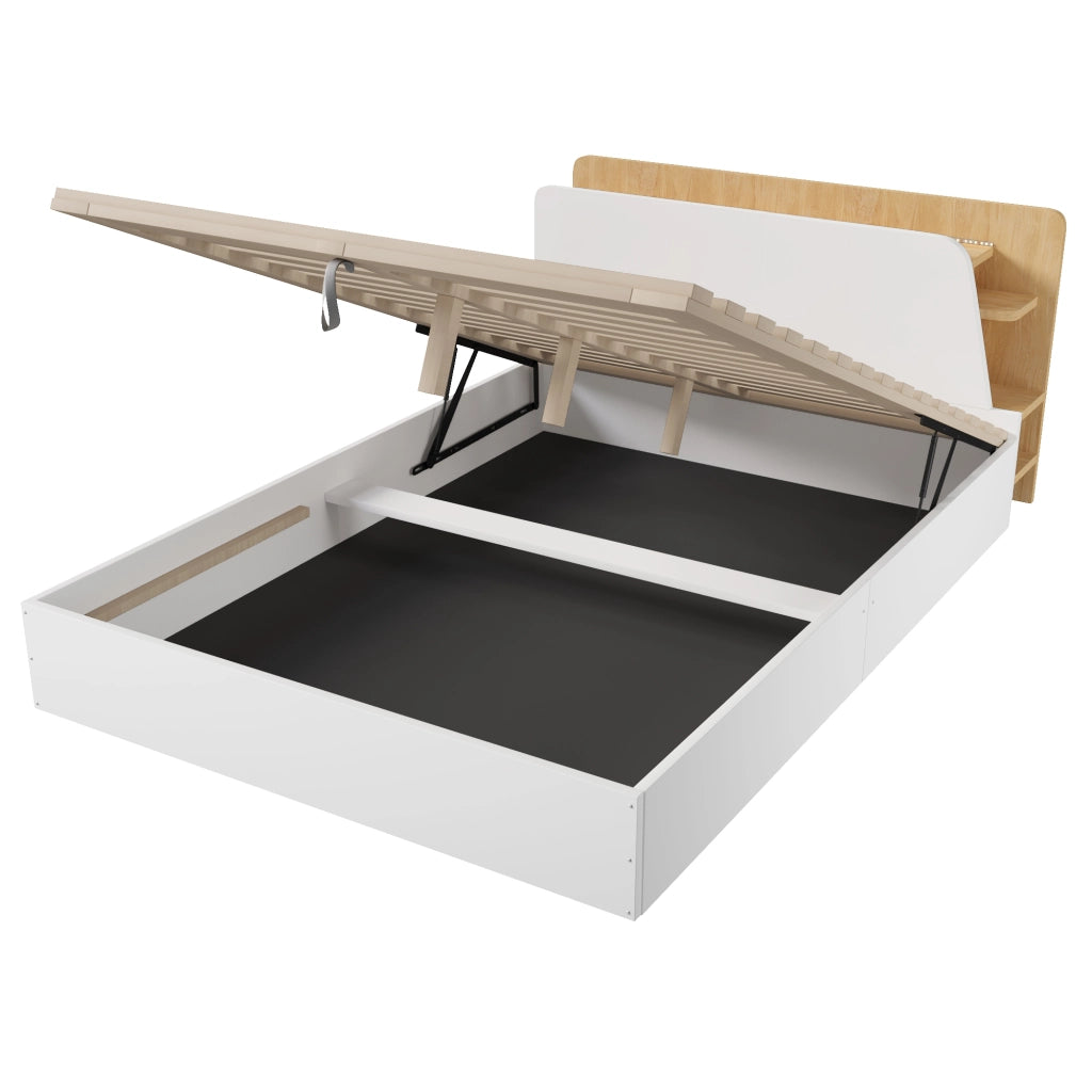 Letto Contenitore con LED e USB ¨C MINIMAL ¨C 140x200, Bianco e Naturale