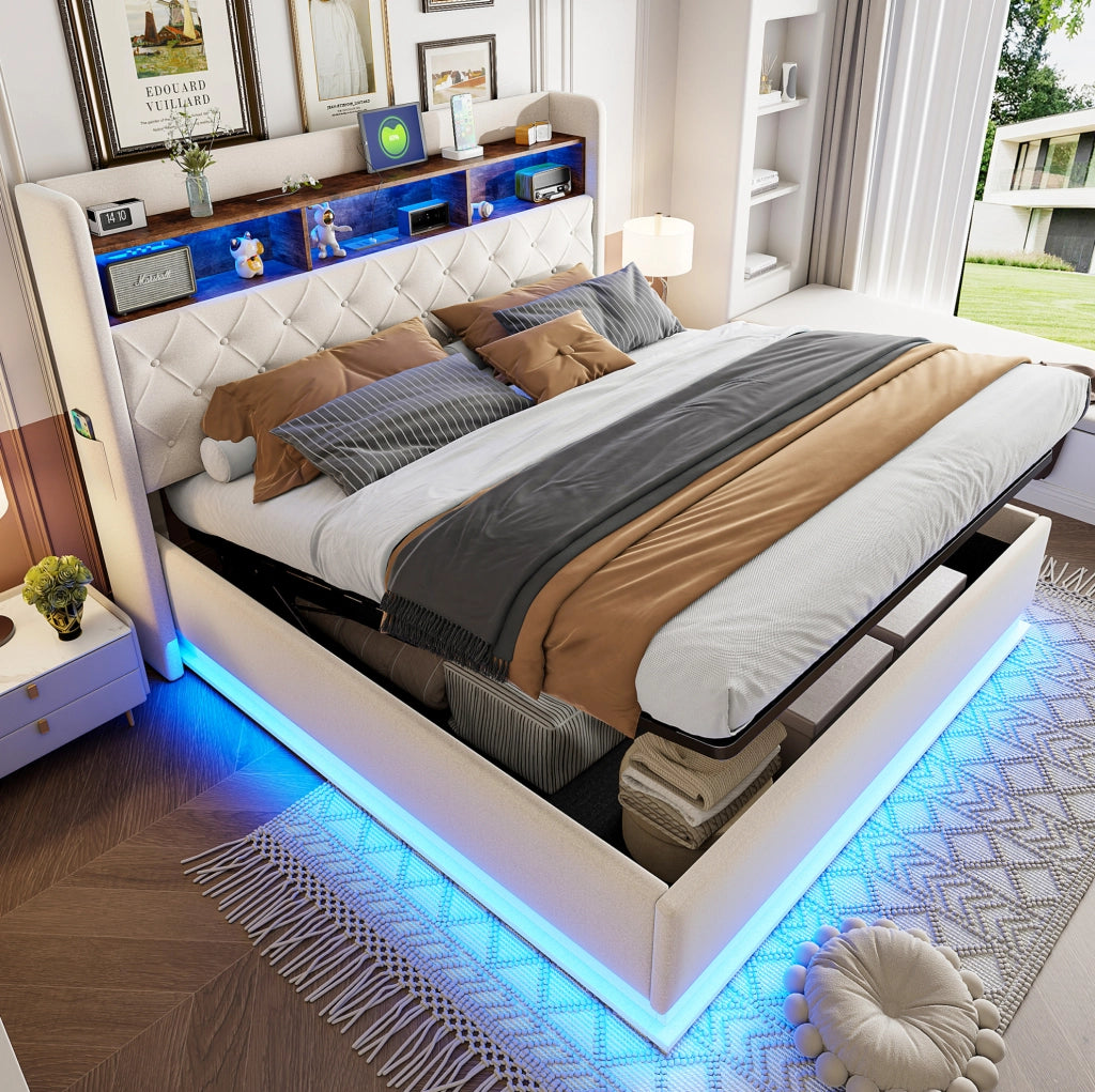Letto imbottito LED con USB e ampio spazio contenitivo