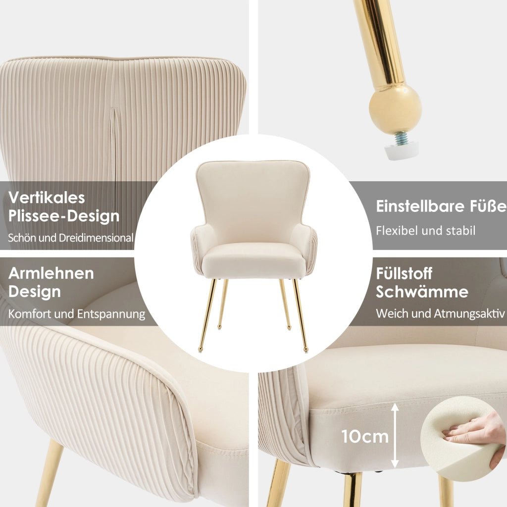Poltrona Set da 2 con Braccioli Supporto Lombare e Piedini Regolabili in Velluto Beige e Oro