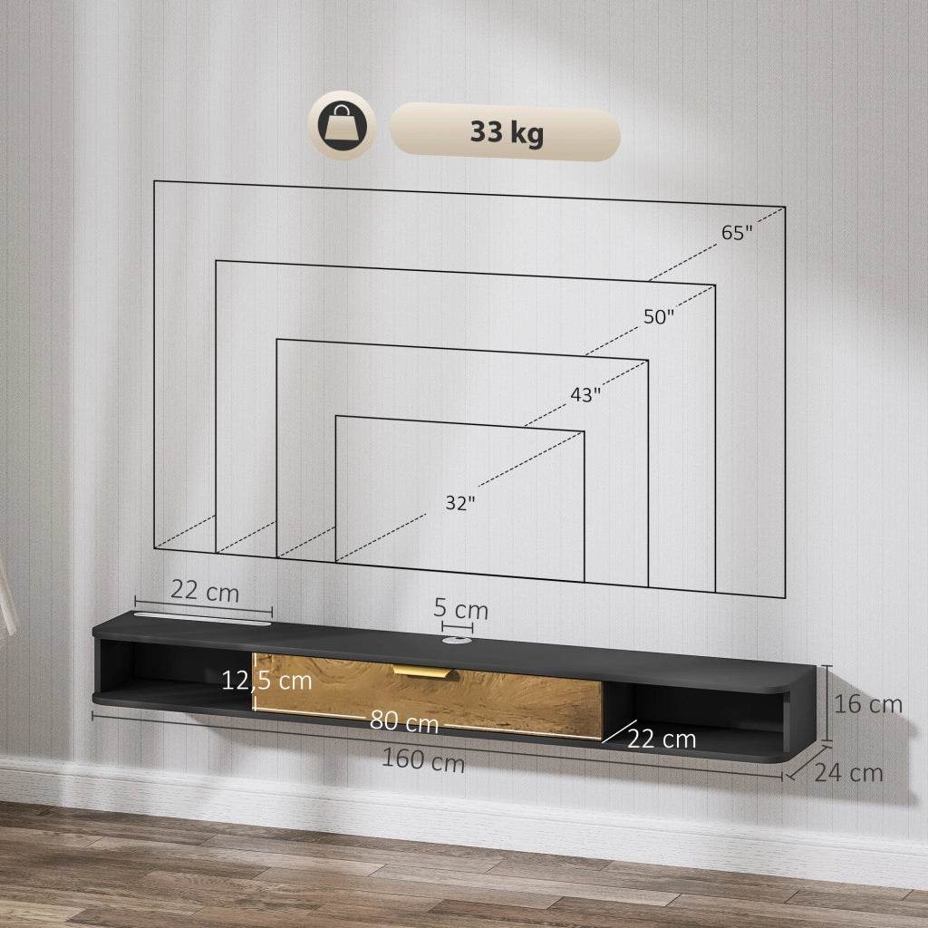 Mobile TV sospeso con ante scorrevoli e scomparti aperti ¨C zephmum ¨C grigio 160x24x16 cm