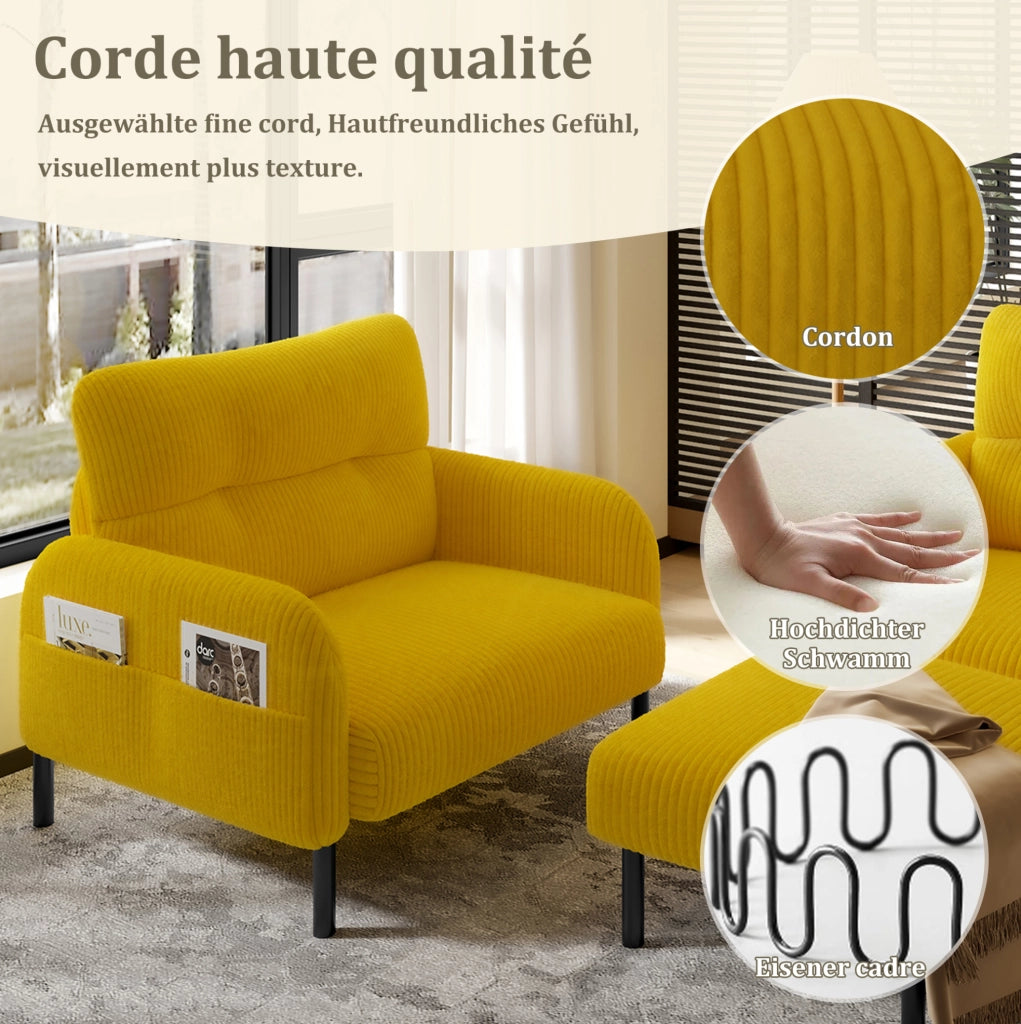 Set divano 3 pezzi in corduroy giallo con poltrona; pouf e divano 2 posti; 120 cm
