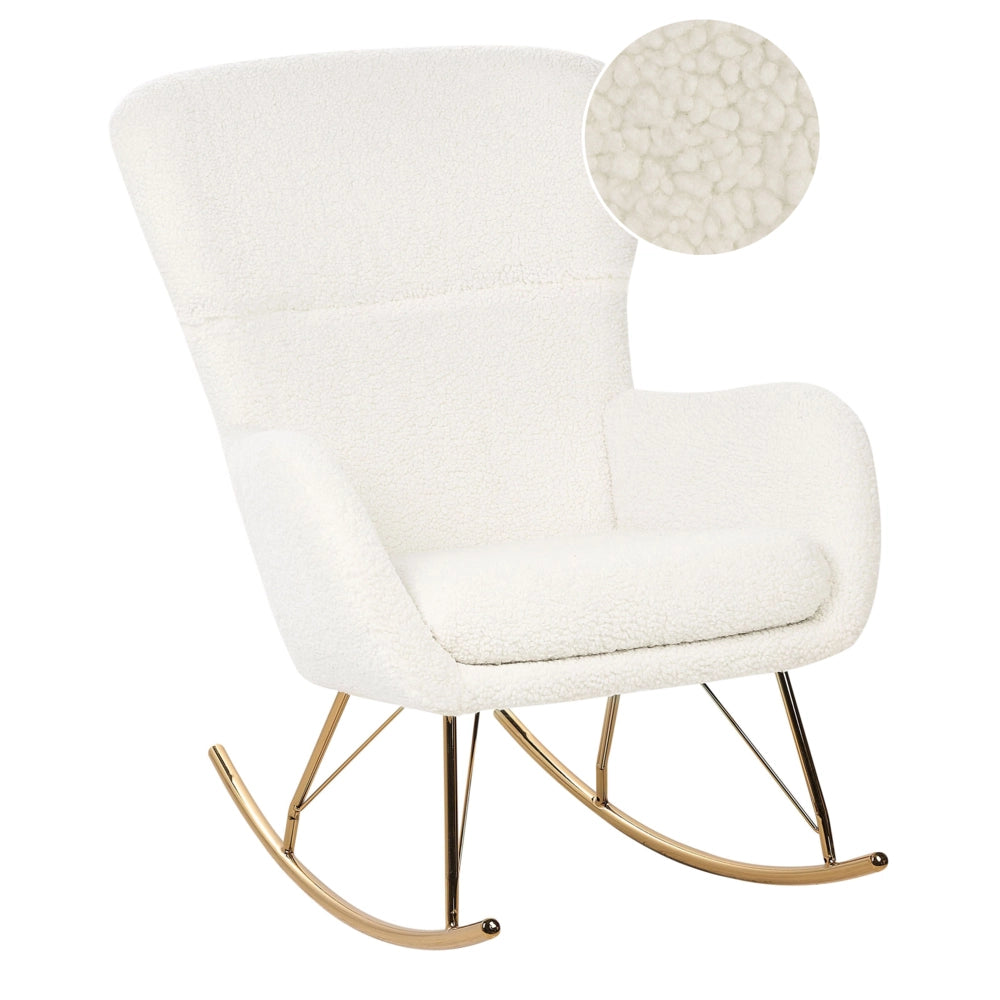 Sedia a dondolo in tessuto poliestere boucle bianco e oro Rivestimento in metallo Gambe a pattini Design tradizionale e retrò