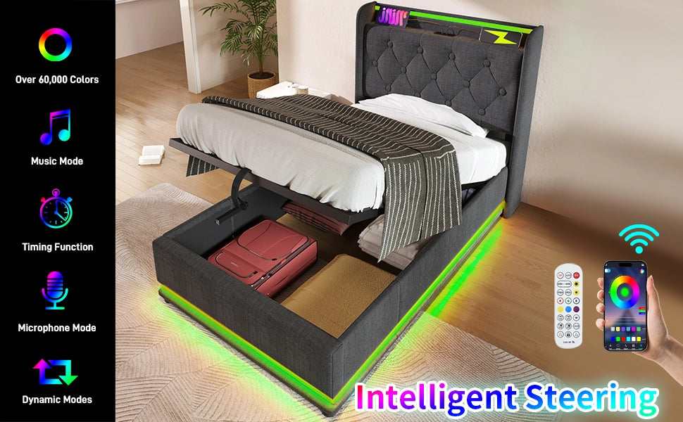Letto Singolo Imbottito con LED e Contenitore Idraulico ¨C MINIMAL ¨C Grigio, 90x200 cm