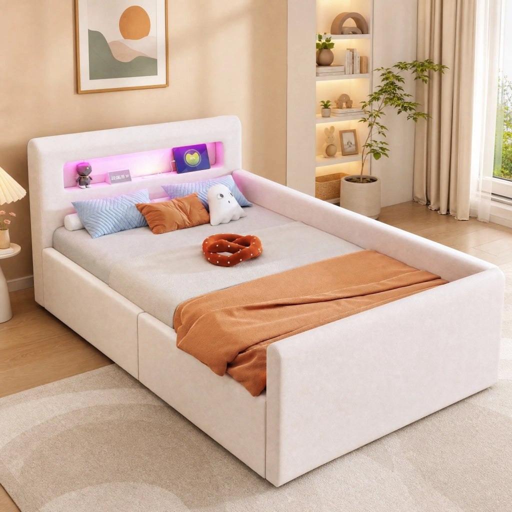 LETTO imbottito per bambini 90x200 cm in velluto beige con LED, USB e contenitore