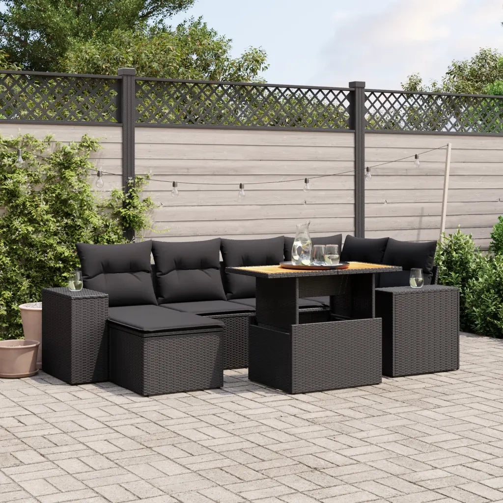 Set Divani da Giardino con Cuscini 7pz Nero Polyrattan