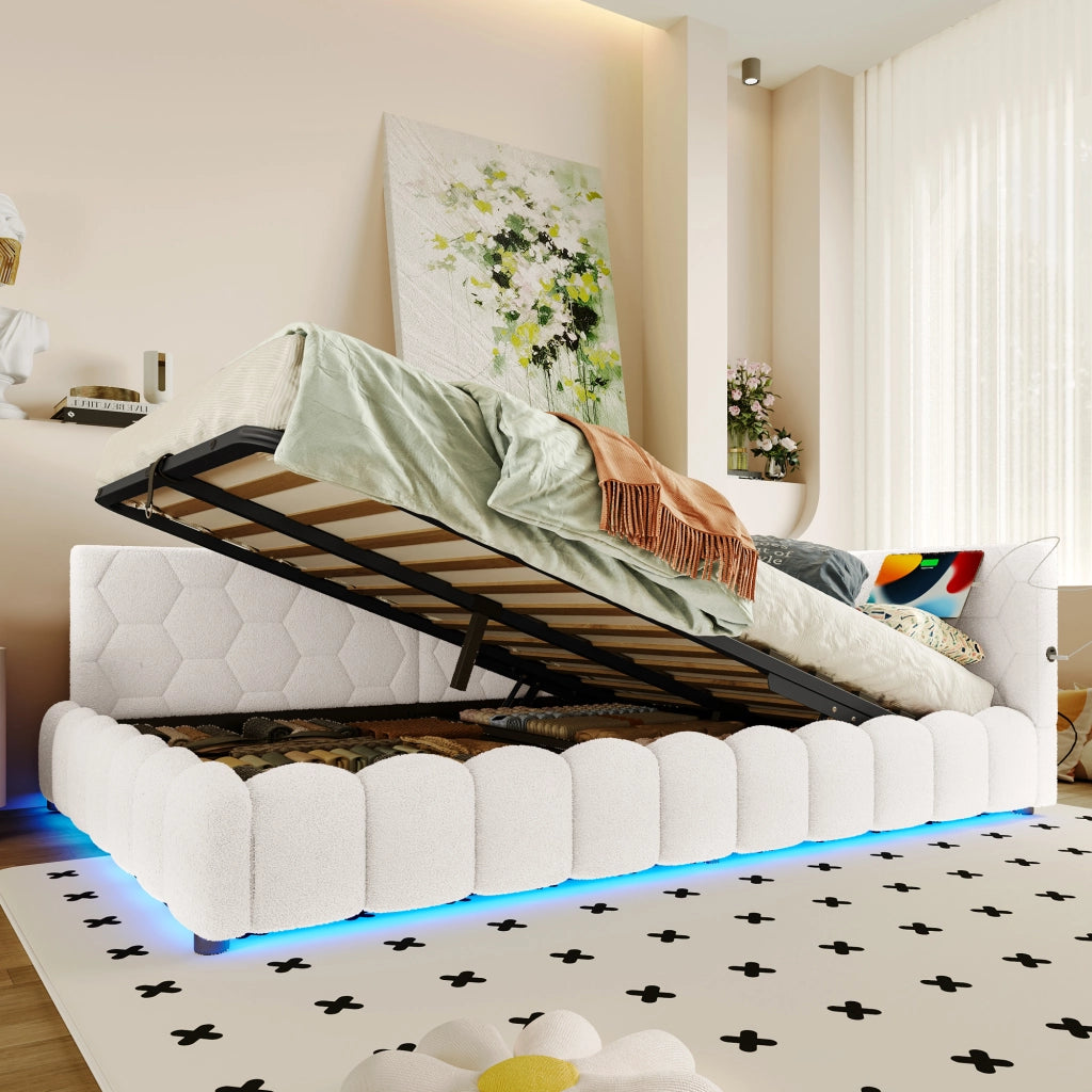 LETTO Contenitore 140x200 cm in velluto bianco con LED, USB e Tipo-C