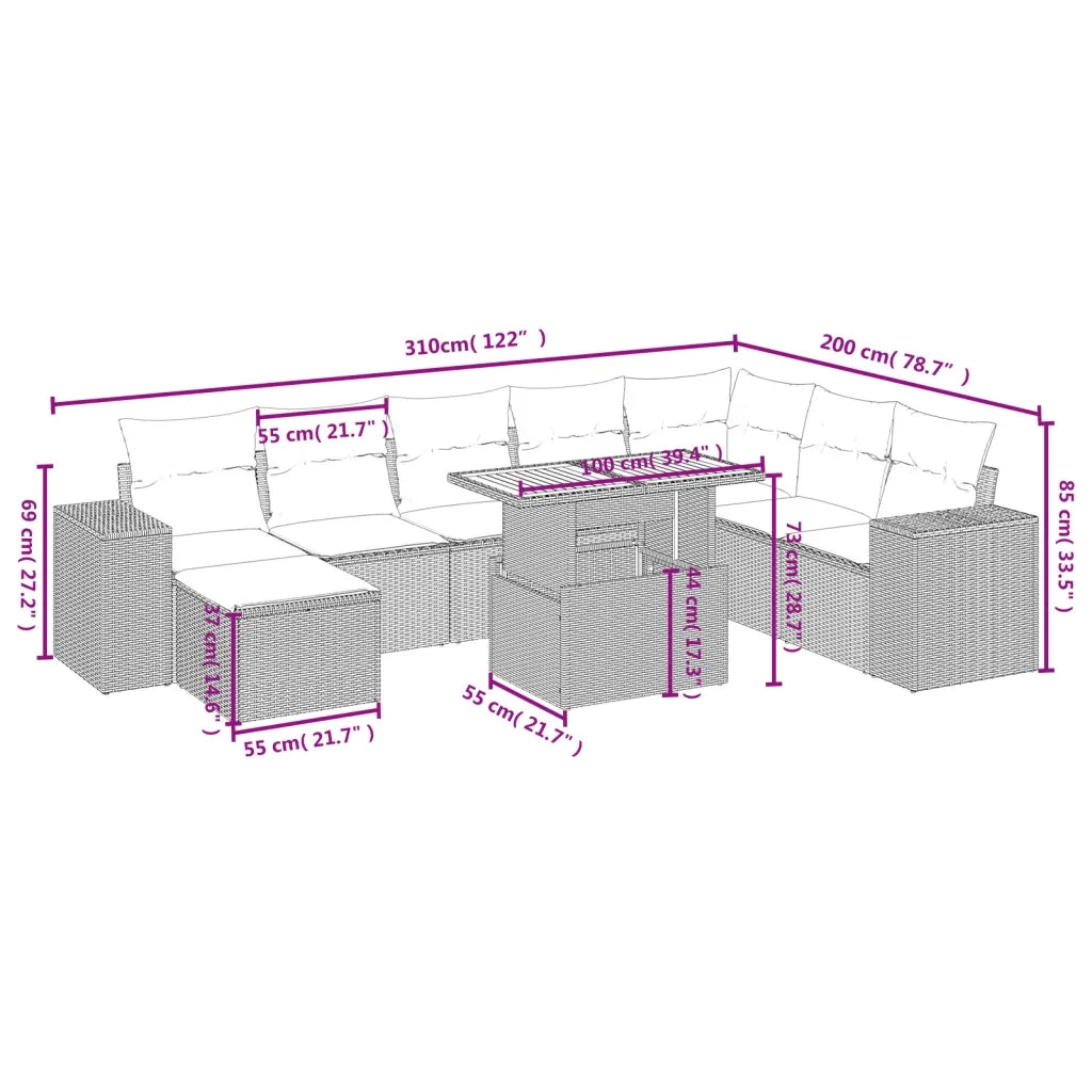 Set Divano da Giardino 9 pz con Cuscini Beige in Polyrattan 3275963