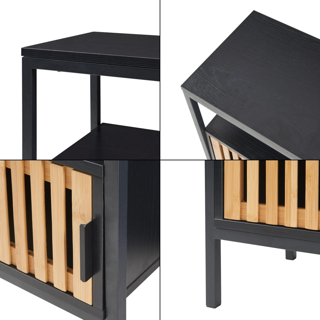 Comodino Tavolino Luniehti con Anta in Bambù 58 x 40 x 33 cm - Nero/Naturale [en.casa]