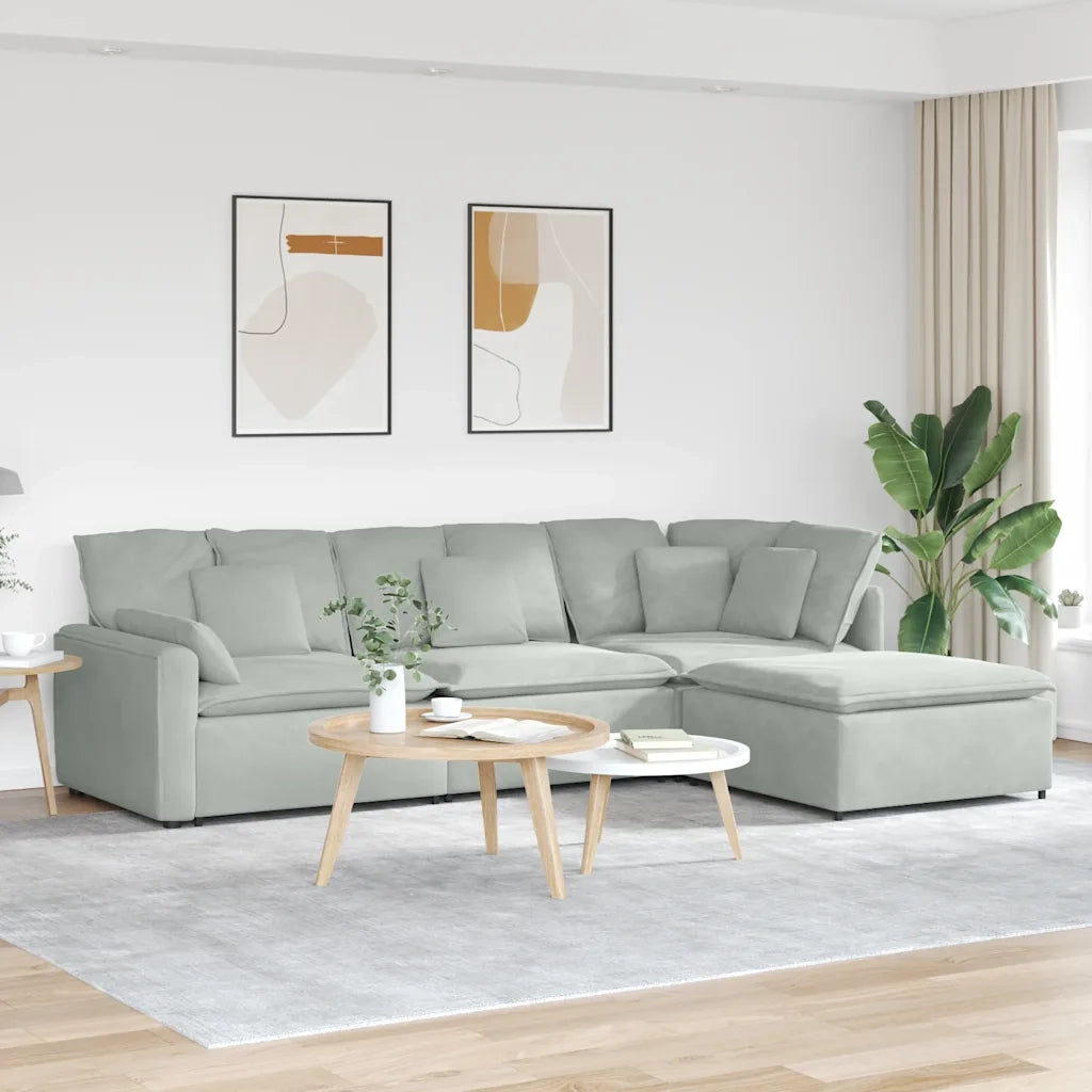 Divano Modulare con Poggiapiedi e Cuscini Velluto Grigio Chiaro 3321189
