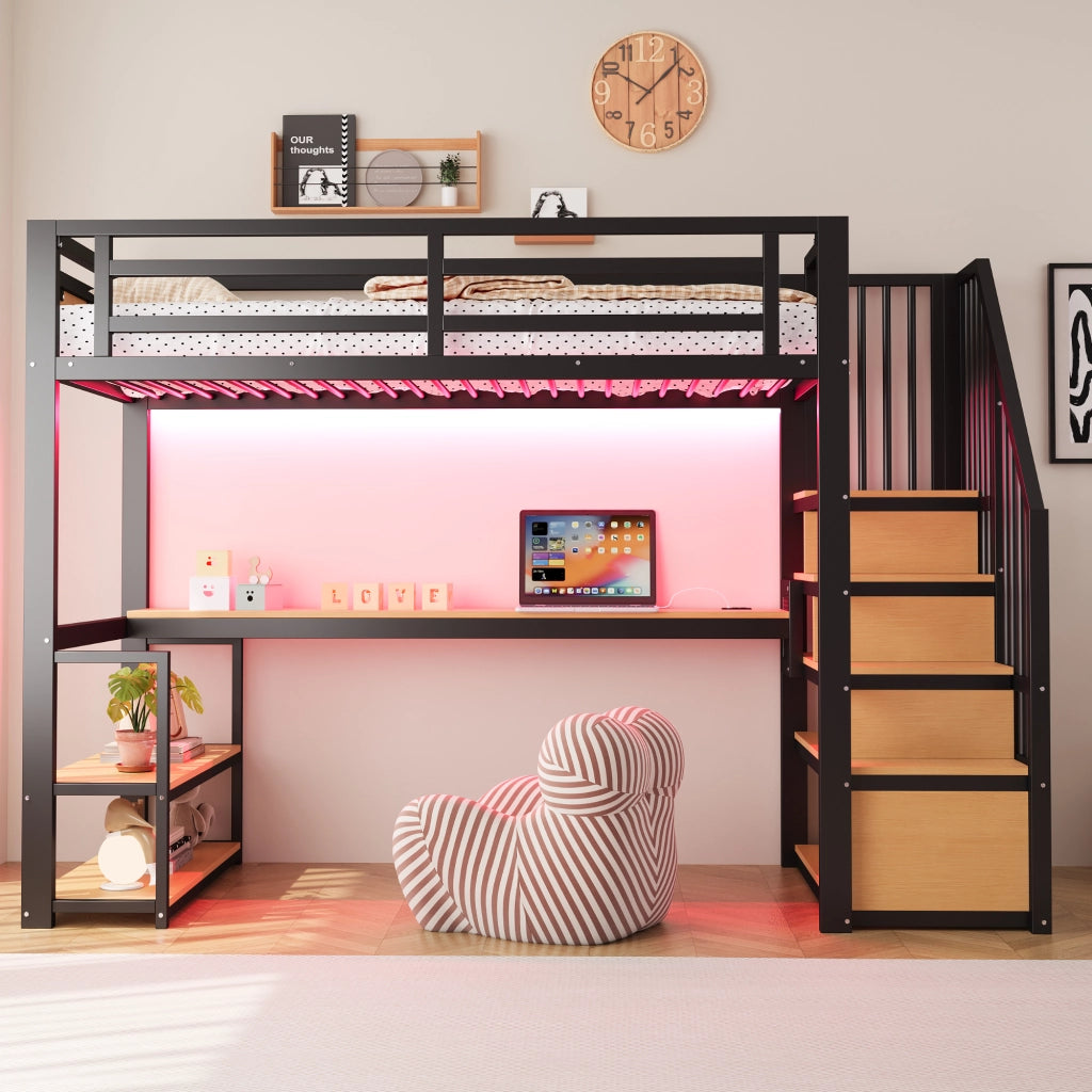 LETTO a soppalco 90x200 cm con scrivania e scaffali Metallo Nero