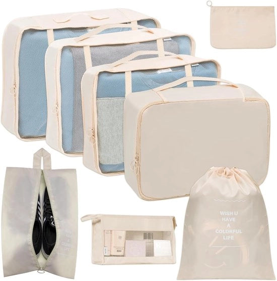 Set di sacchetti e organizzatori per viaggiatore - 8 pezzi - beige - ideale per viaggi