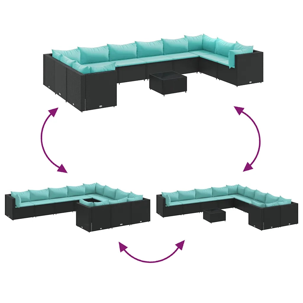 Set Salotto da Giardino 10pz con Cuscini in Polyrattan Nero