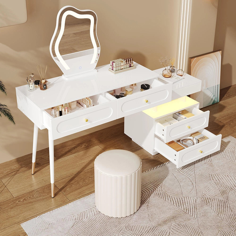 Tavolo trucco LED-Xylo-140x40x130cm, 4 cassetti, vano aperto, bianco