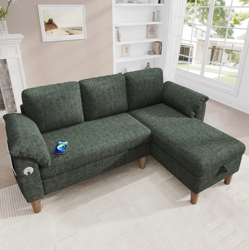 Divano angolare modulare 3 posti con chaise longue contenitore; USB/Type-C; verde