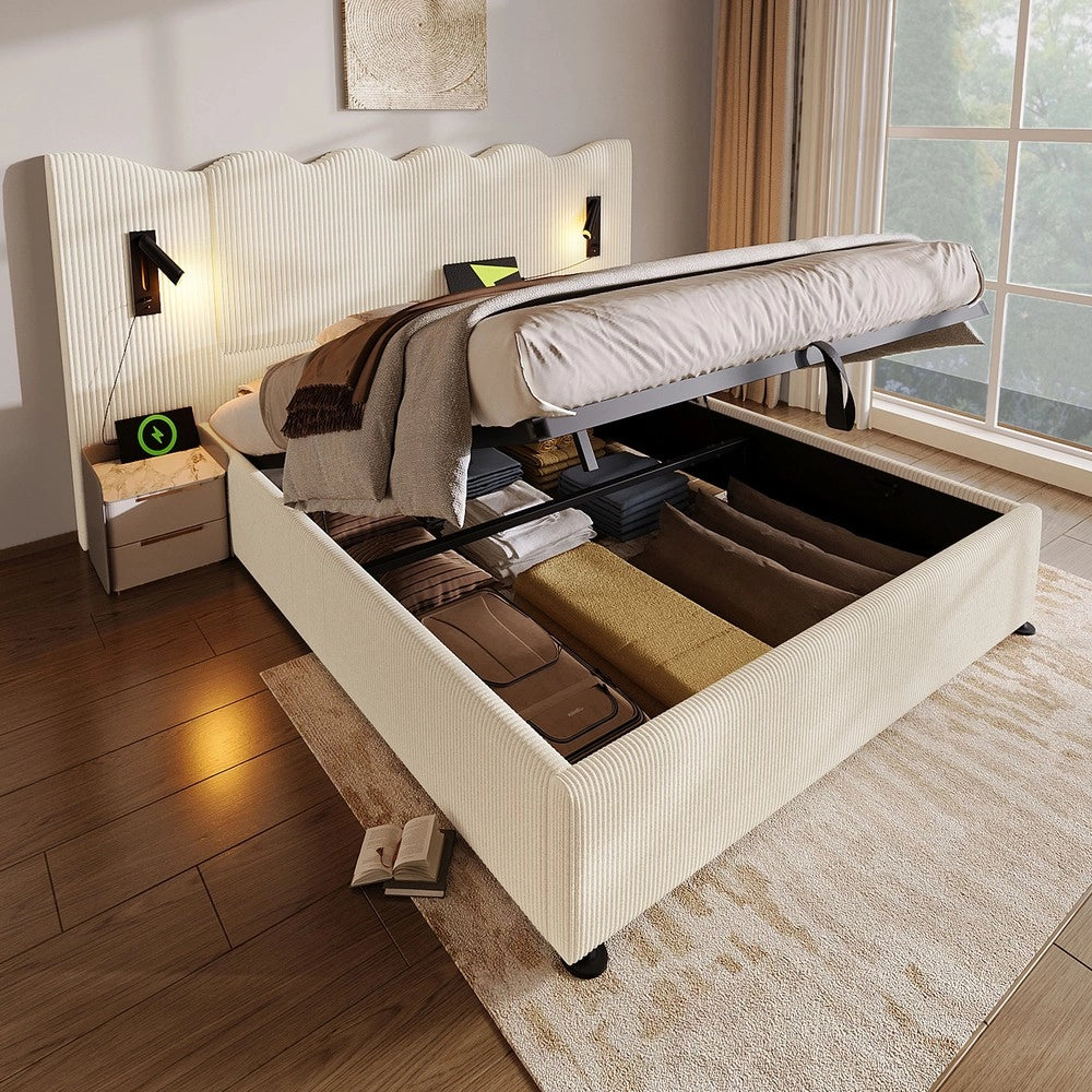 Letto Imbottito Contenitore Matrimoniale con Luce LED e USB ¨C MINIMAL ¨C Cordone Beige/Bianco, Doghe Massello, 180x200