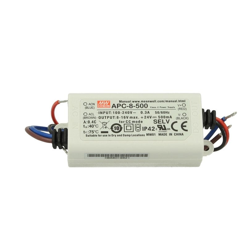 Led Driver CC MW MEAN WELL Serie APC Trasformatore Corrente Costante IP42 (500mA 8V-16VDC 8W)