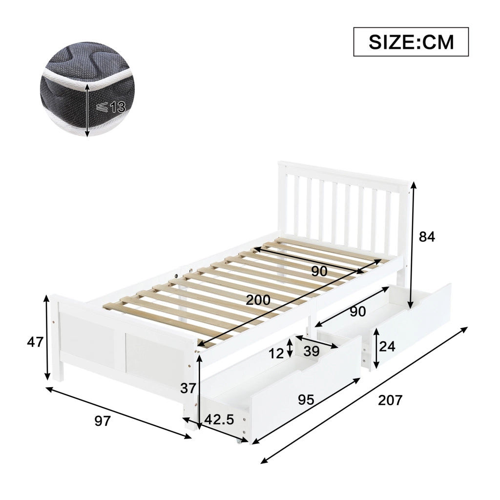 LETTO Singolo 90x200 cm con cassetti contenitori Bianco