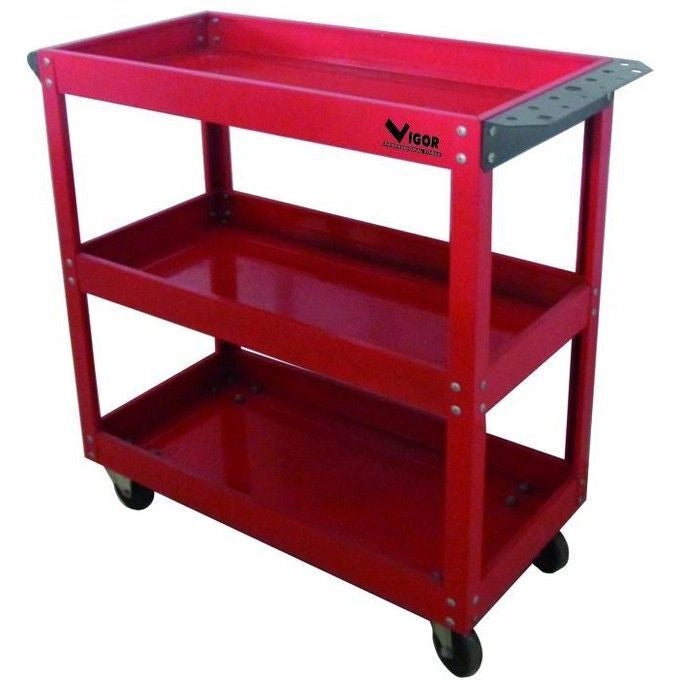 Vigor 3649503 Trolly Carrello Portautensili 3 Ripiani Fissi Acciaio Portata 150 Kg colore Rosso