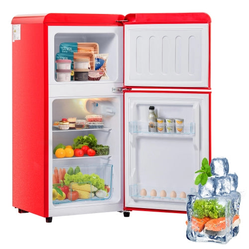 Frigorifero retro; congelatore; doppia porta; volume totale 60L; scompartimento congelatore da 22L; luce LED; efficiente energetico; rosso