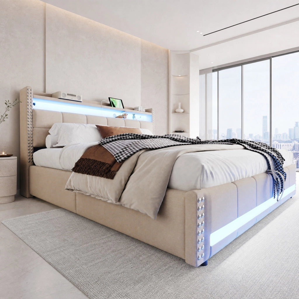 LETTO Imbottito 180x200 cm Beige con LED, USB e contenitore